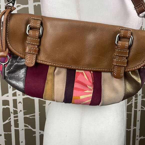 Fossil Patchwork Leather Suede Fabric Hobo Shoulder Bag Clutch - Picture 7 of 11